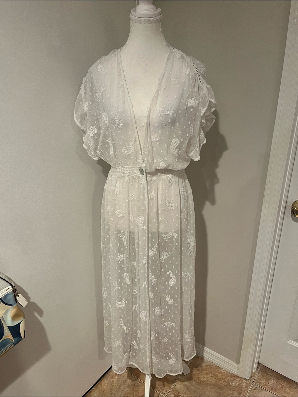 Zara Sheer White Embroidered Maxi Cover Up Paisley Dress